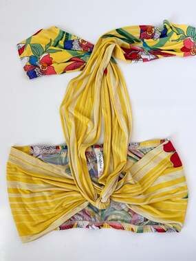 Pinklicious Yellow Tropical Floral Striped Knot-Front Halter Crop Top